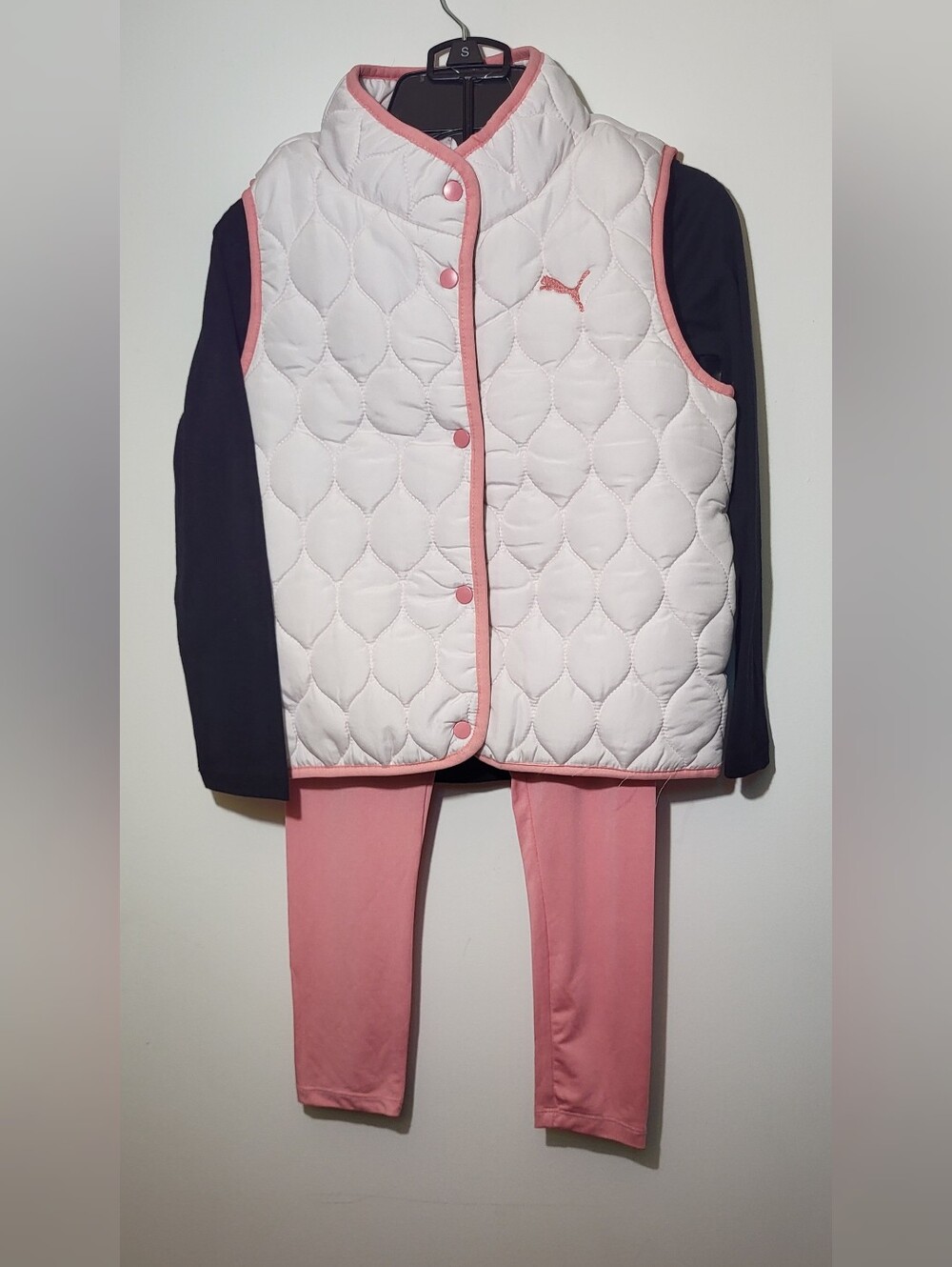 PUMA Girls 3-Piece Outfit Set Quilted Vest Long Sleeve Logo Top Leggings S